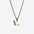 A gold butterfly pendant necklace on a matching gold chain, shown against a plain light gray background.
