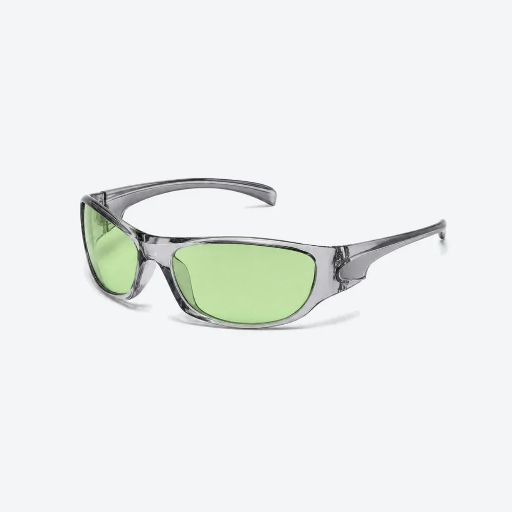 VYSER sporty sunglasses with translucent gray frame and light green lenses, modern streetwear style.