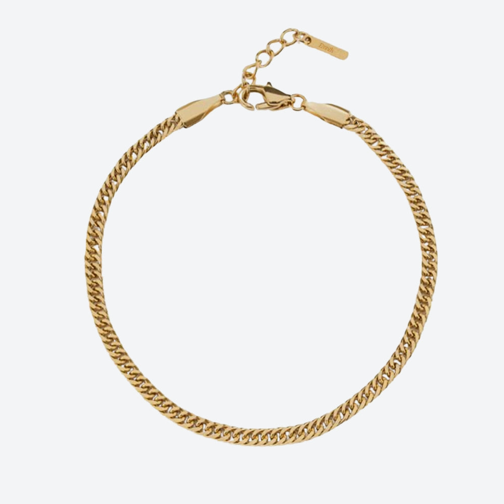 A gold-toned curb chain bracelet with a lobster clasp and extension chain, displayed on a clean white background.