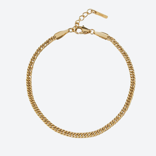 A gold-toned curb chain bracelet with a lobster clasp and extension chain, displayed on a clean white background.
