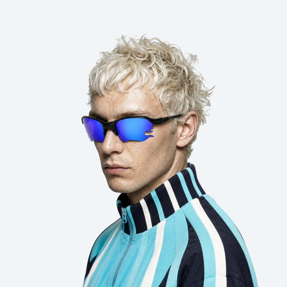 person using VYSER Black sunglasses with blue lenses on a white background
