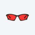 VYSER bold red-lens sunglasses with sleek black acetate frame, modern streetwear style.