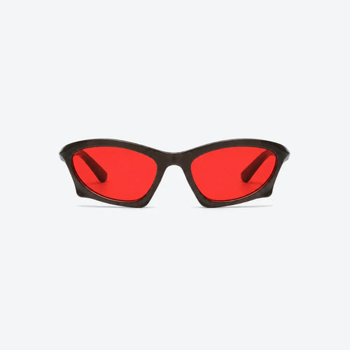 VYSER bold red-lens sunglasses with sleek black acetate frame, modern streetwear style.