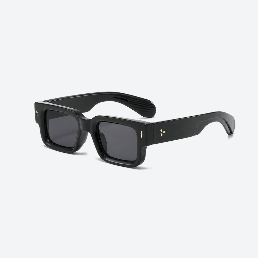 VYSER Black sunglasses with dark lenses on a white background