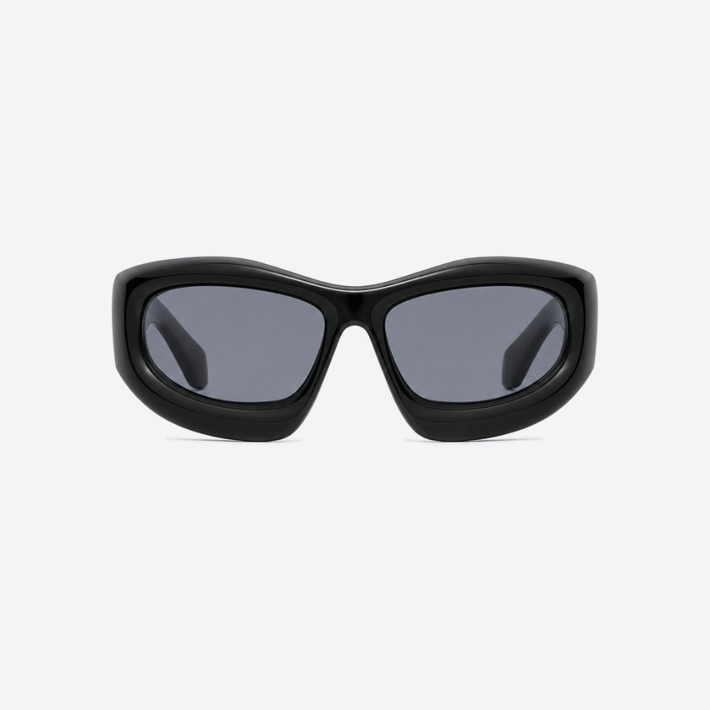 VYSER Black sunglasses with dark lenses on a white background