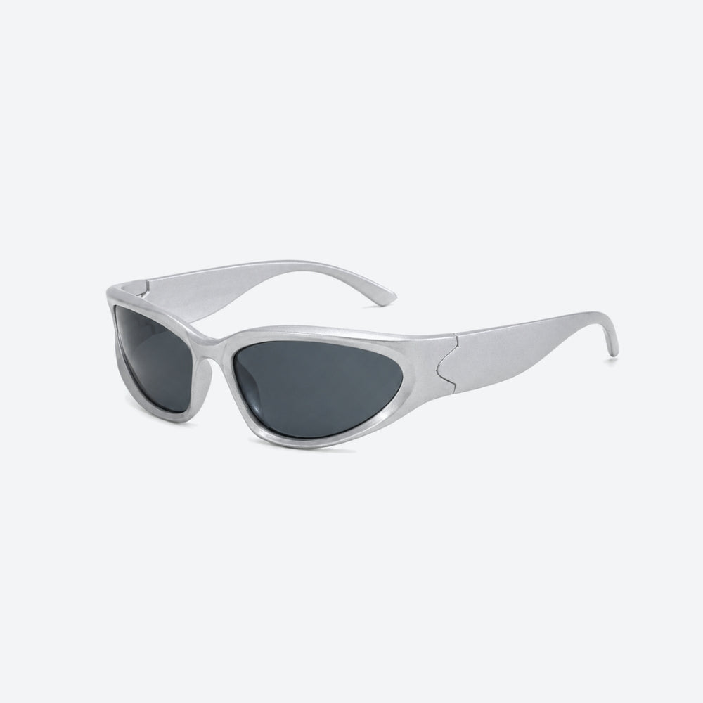 VYSER silver sunglasses with black lenses on a white background