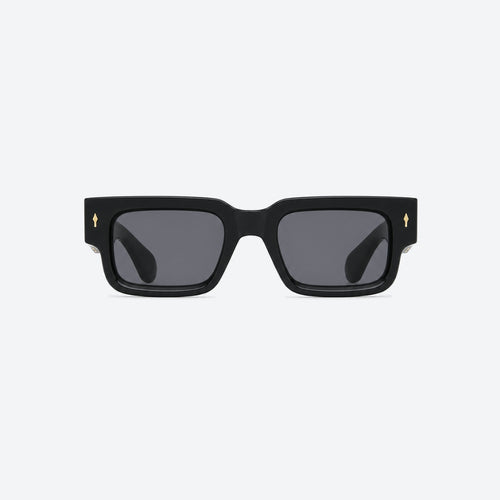 VYSER Black sunglasses with dark lenses on a white background