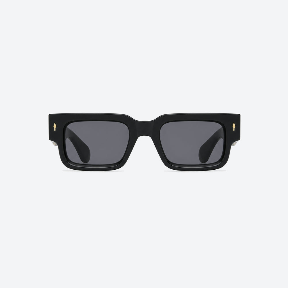 VYSER Black sunglasses with dark lenses on a white background