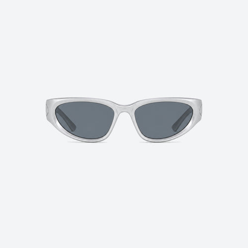 VYSER silver sunglasses with black lenses on a white background