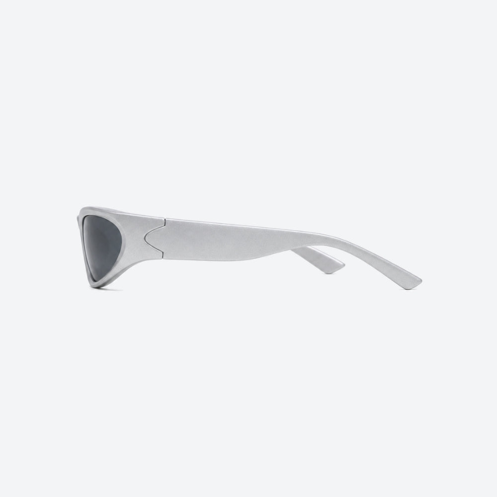 VYSER silver sunglasses with black lenses on a white background