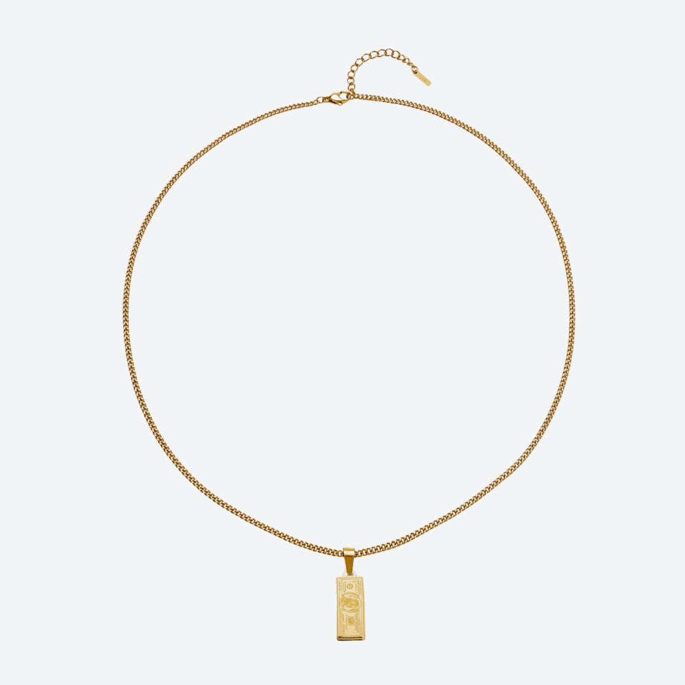 A gold chain necklace with a rectangular pendant engraved with the word 'LOVE', displayed on a clean, light gray background.