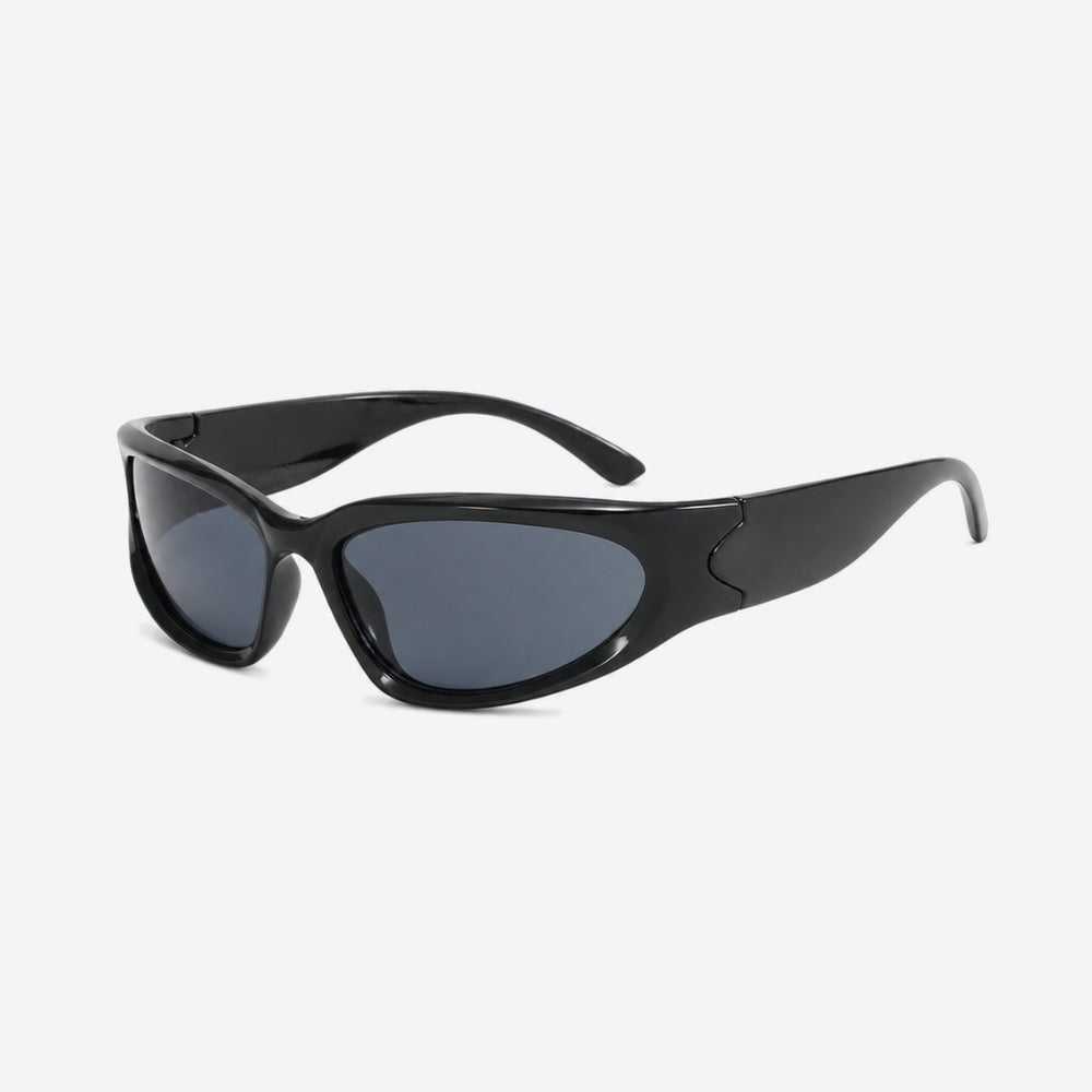 VYSER Black sunglasses with dark lenses on a white background