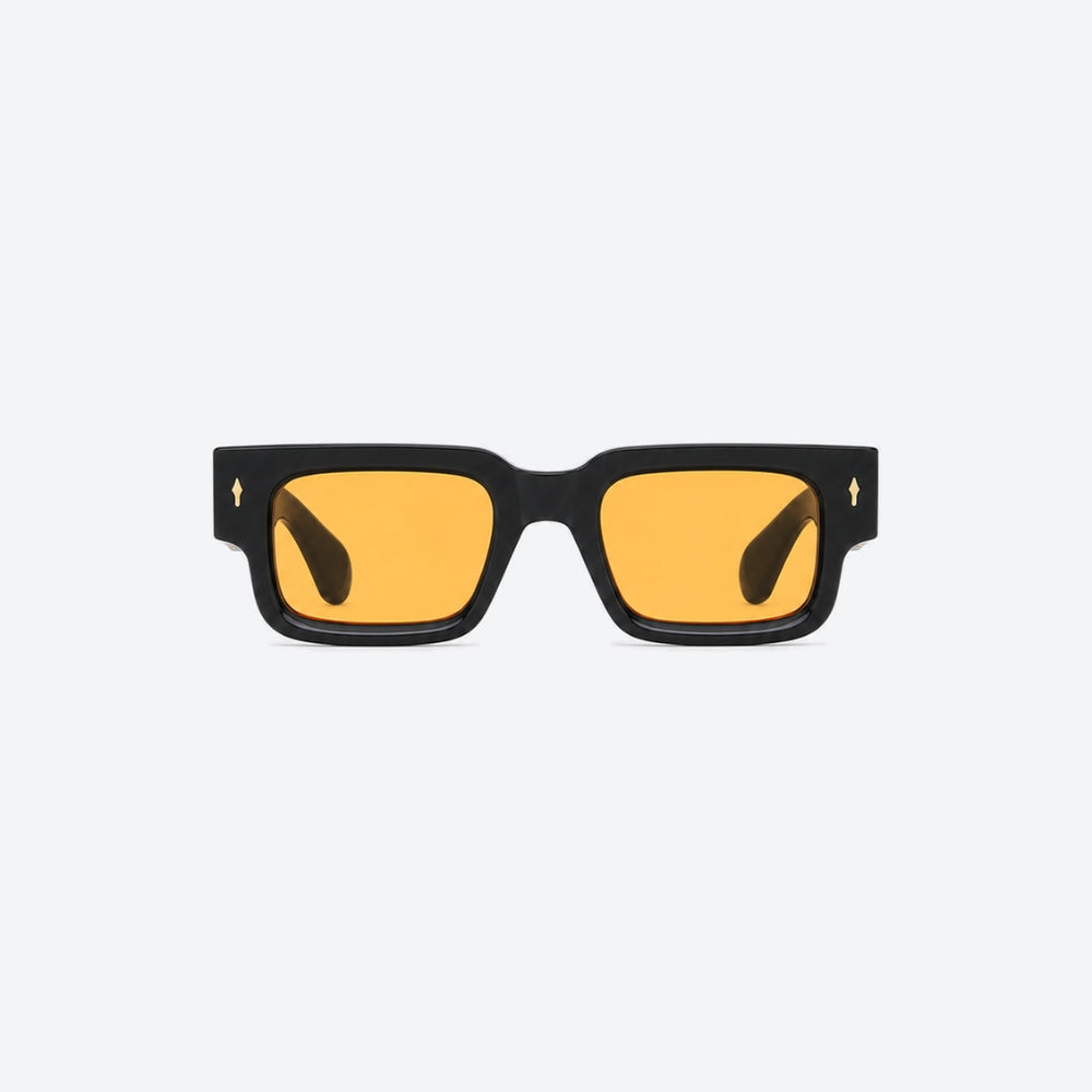 VYSER Black sunglasses with orange lenses on a white background