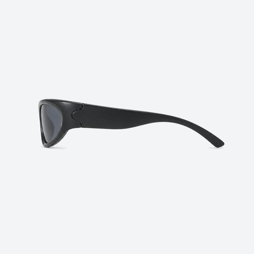 VYSER Black sunglasses with dark lenses on a white background