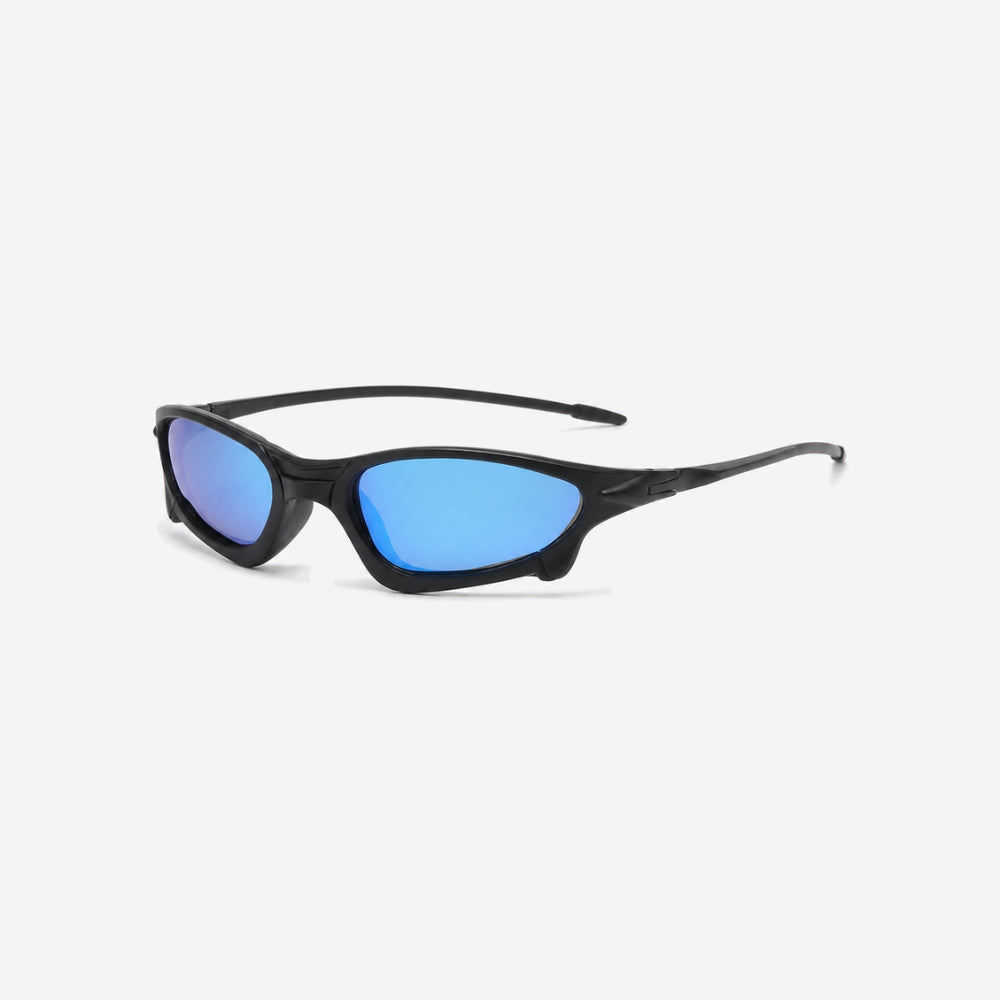 VYSER Black sunglasses with blue-tinted lenses on a white background