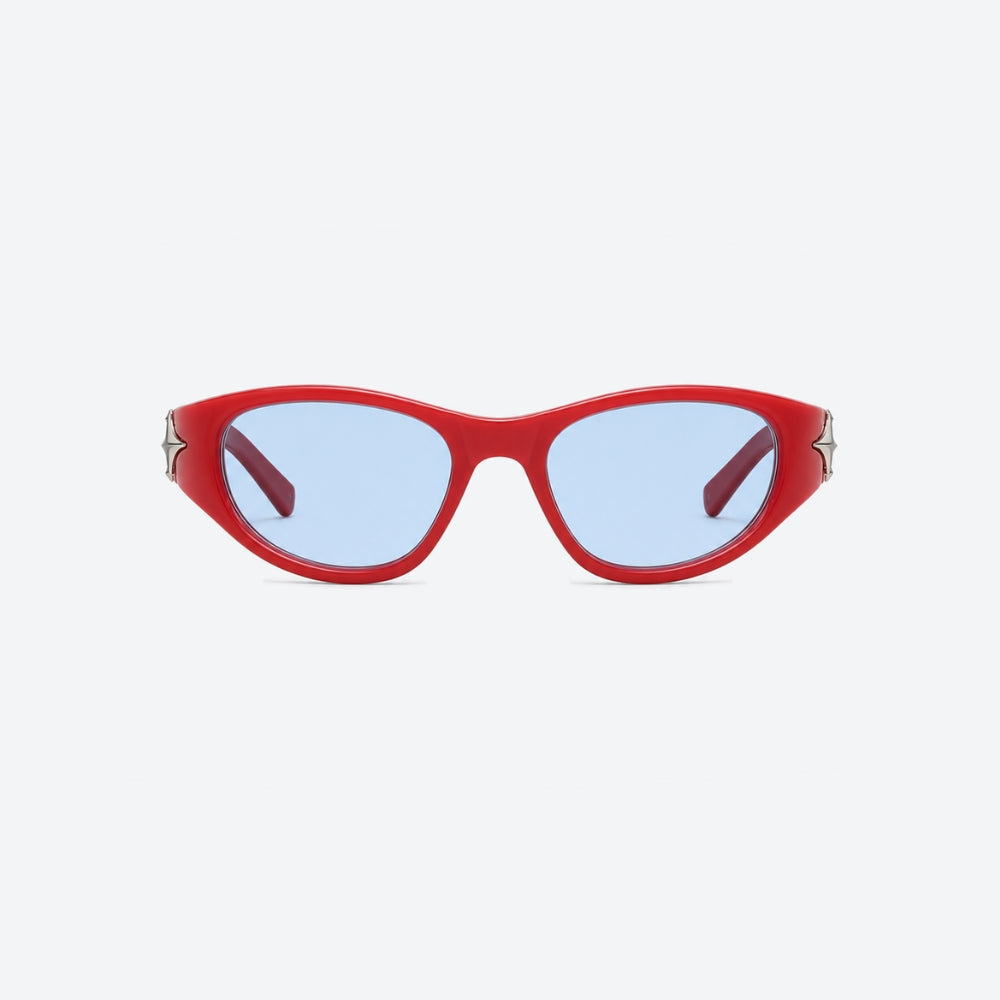 VYSER Red sunglasses with a decorative arm on a white background