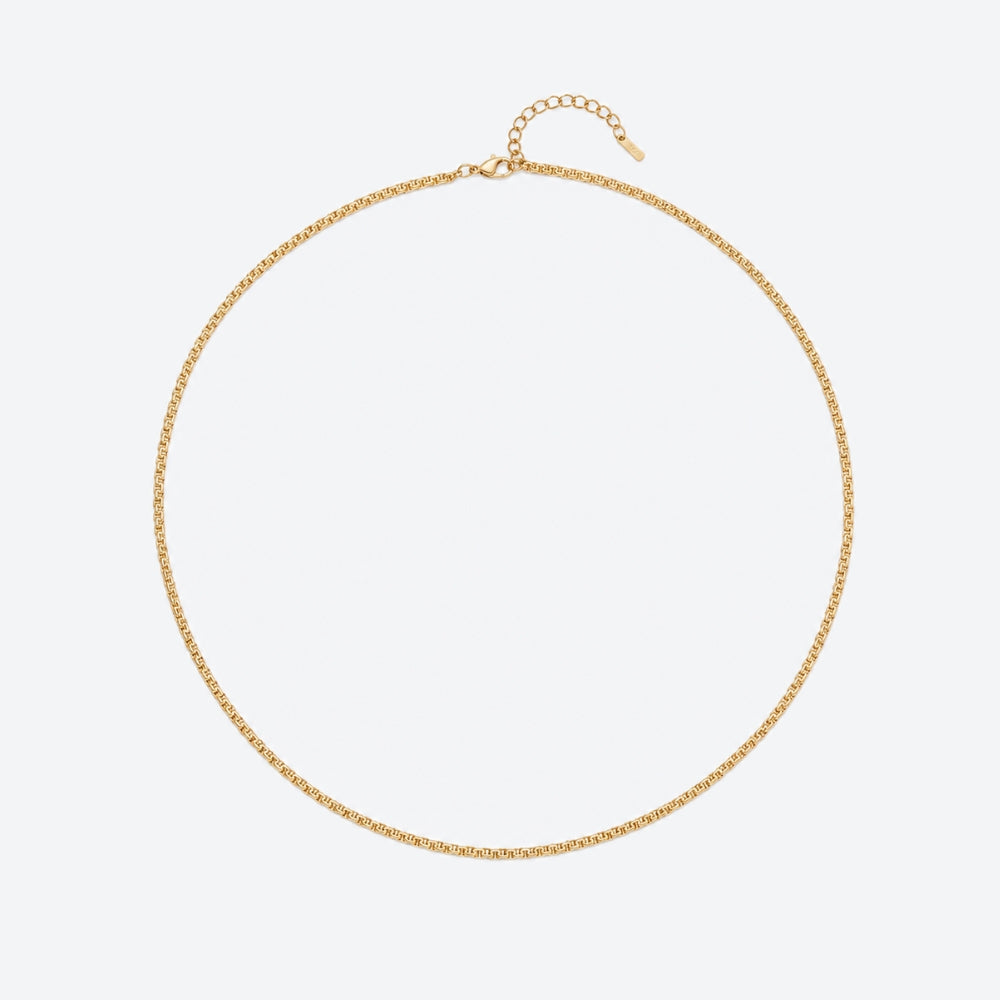 GOLD. A gold box chain necklace with a lobster clasp and extender chain, on a light gray background.