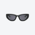 VYSER Black wrap-around shield sunglasses with dark gray lenses, shown from a three-quarters angle on a light gray background.