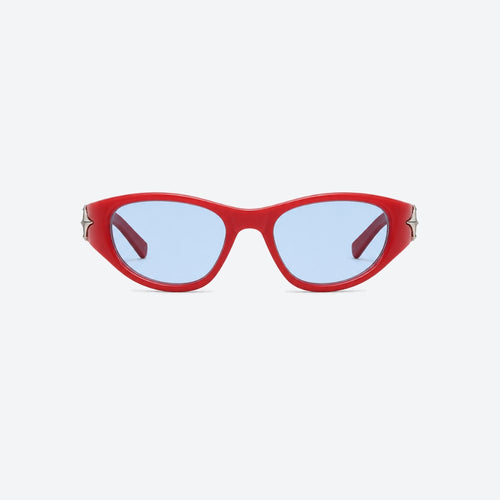 VYSER Red sunglasses with a decorative arm on a white background