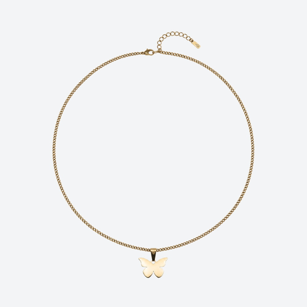 A delicate gold chain necklace with a small butterfly pendant, displayed on a clean, light gray background.