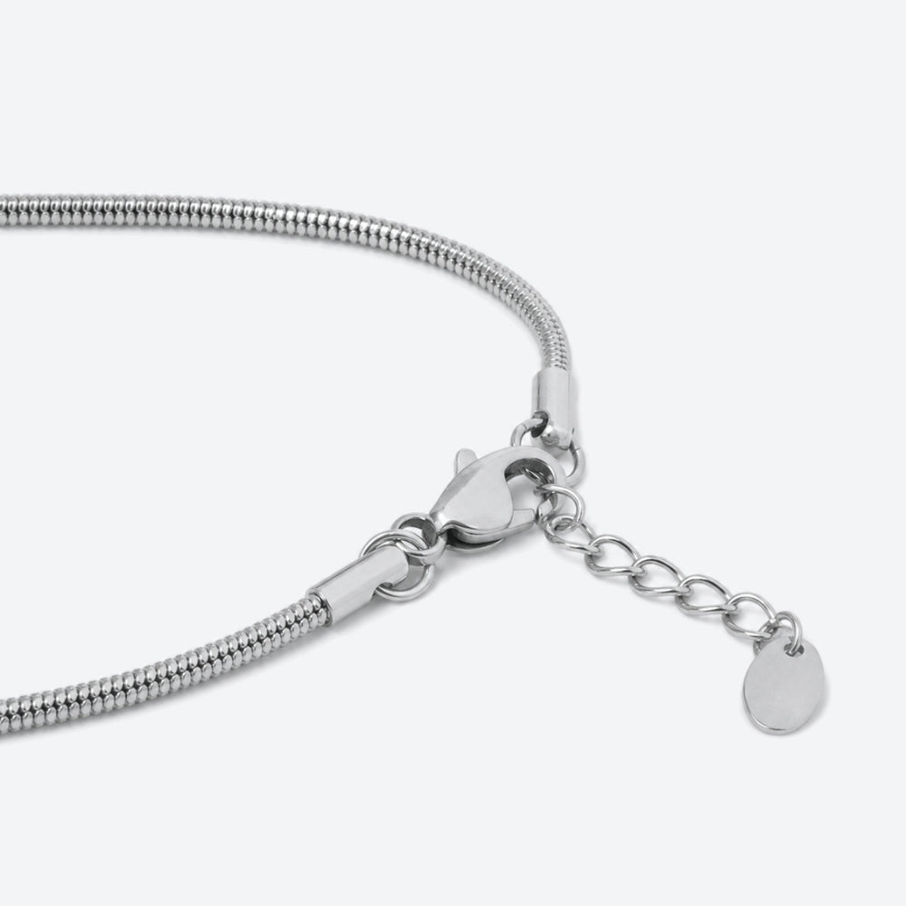 Silver-toned metal chain necklace with a lobster clasp, extension chain, and a small oval tag, shown on a light gray background.