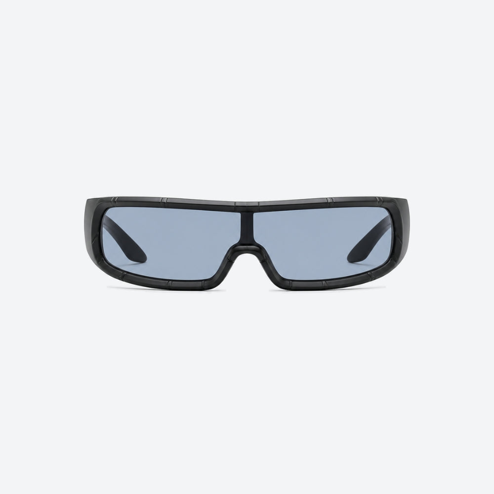 VYSER Black sunglasses with dark lenses on a white background