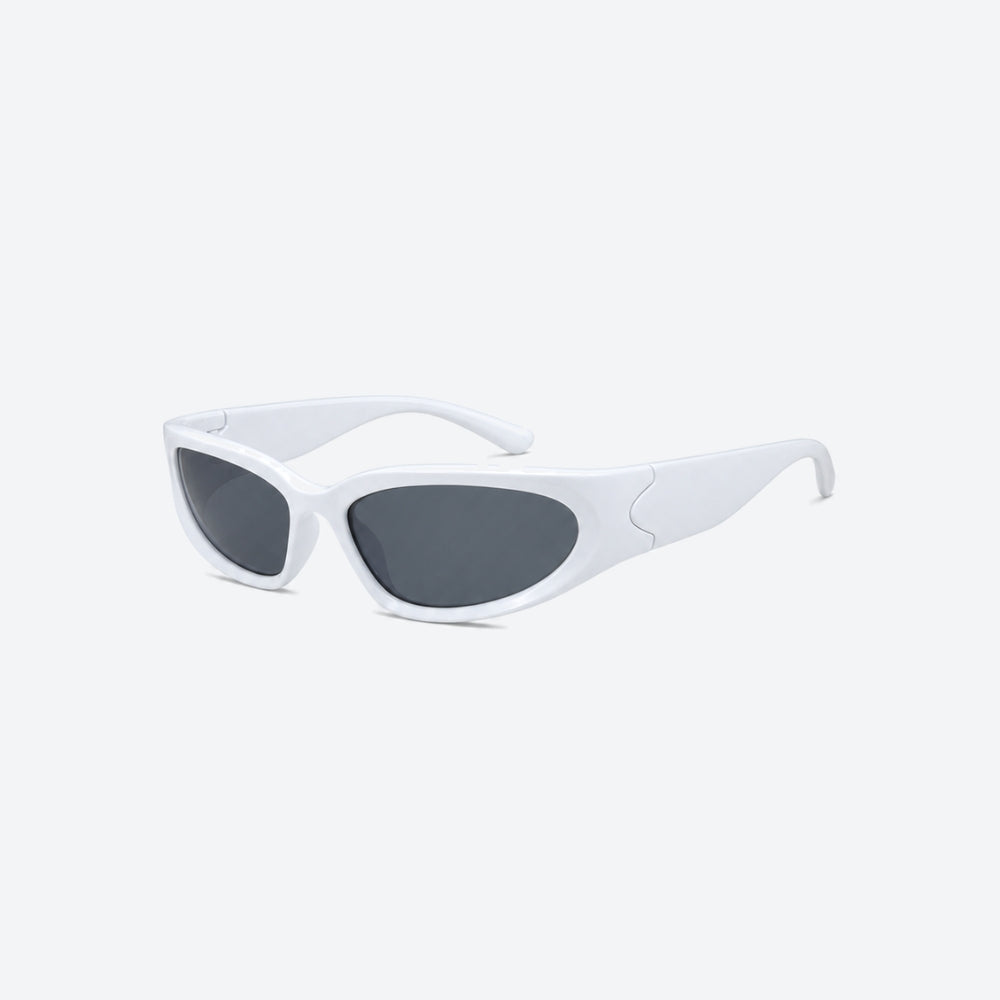 VYSER White sunglasses with dark lenses on a white background