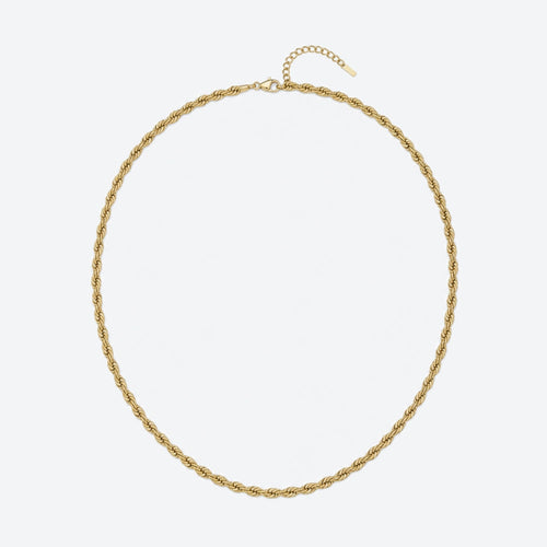 GOLD. A gold rope chain necklace with an adjustable lobster clasp and extension chain, displayed on a clean white background.