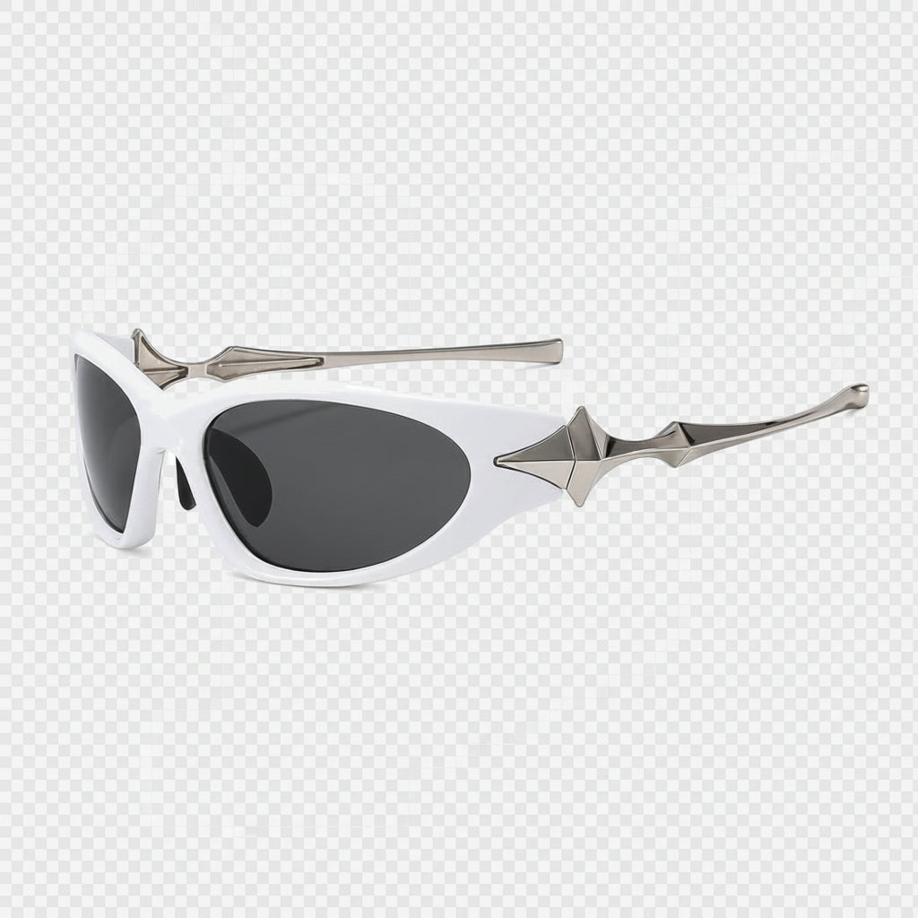 VYSER WHITE sunglasses with silver STAR accents on a white background
