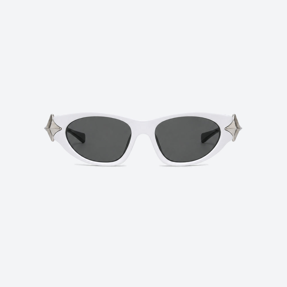 VYSER WHITE sunglasses with silver STAR accents on a white background