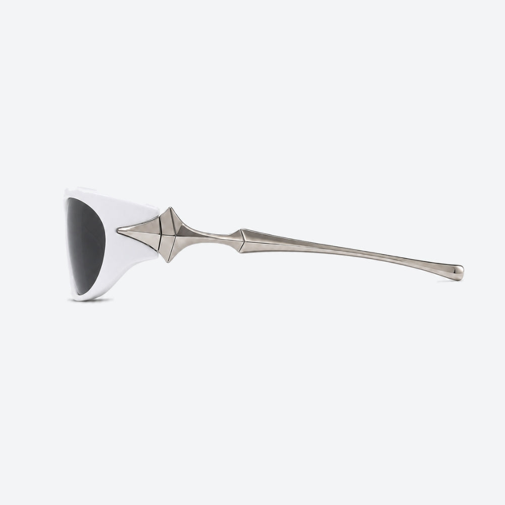 VYSER WHITE sunglasses with silver STAR accents on a white background
