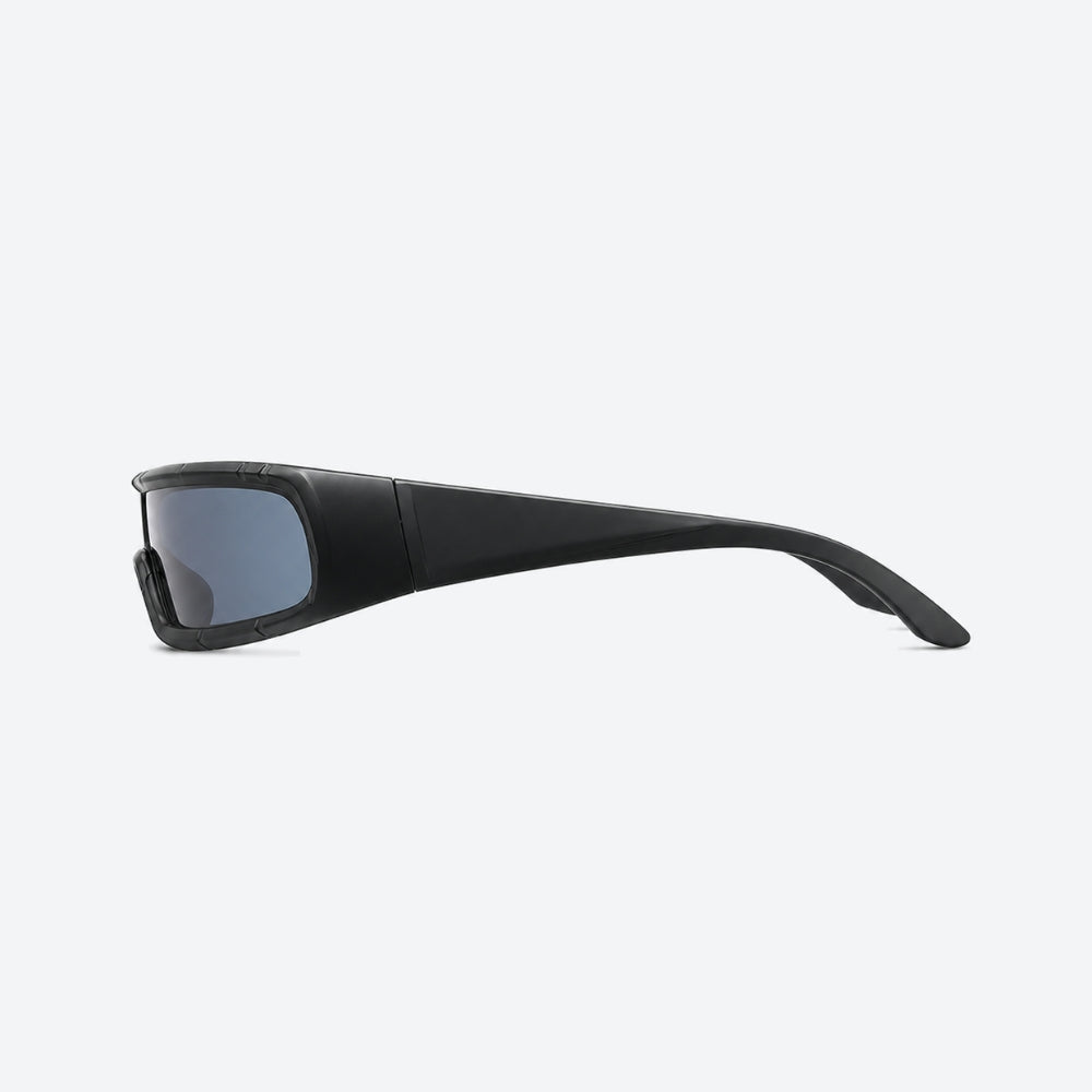 VYSER Black sunglasses with dark lenses on a white background