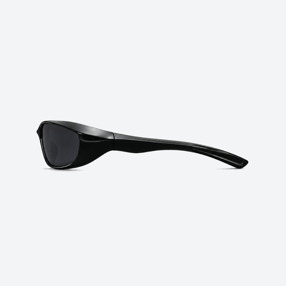 VYSER Black sunglasses with dark lenses on a white background