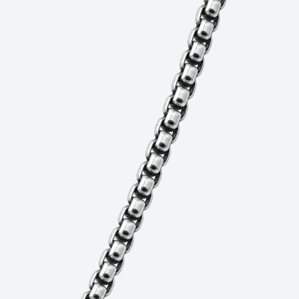 SILVER. A close-up of a polished silver box chain running diagonally across a light gray background.