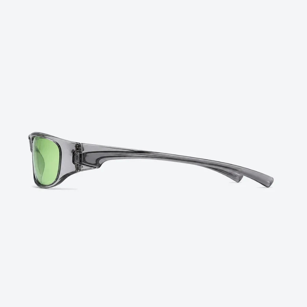 VYSER sleek gray translucent sunglasses with vibrant green lenses, modern streetwear style.