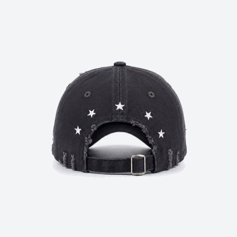 Back view of a black distressed baseball cap with small embroidered stars and an adjustable buckle strap
