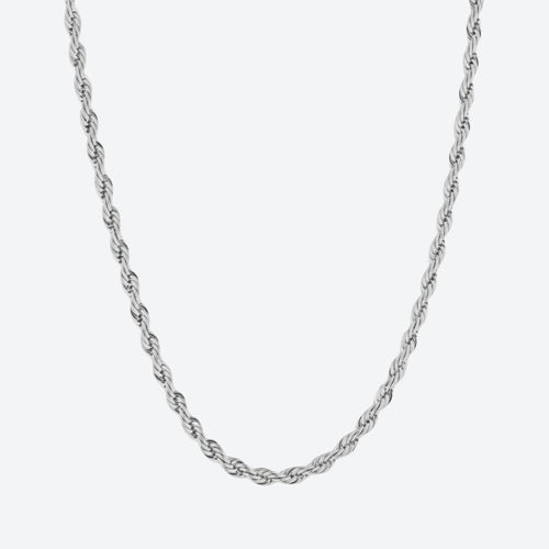 SILVER. A silver twisted rope chain necklace displayed against a light gray background.