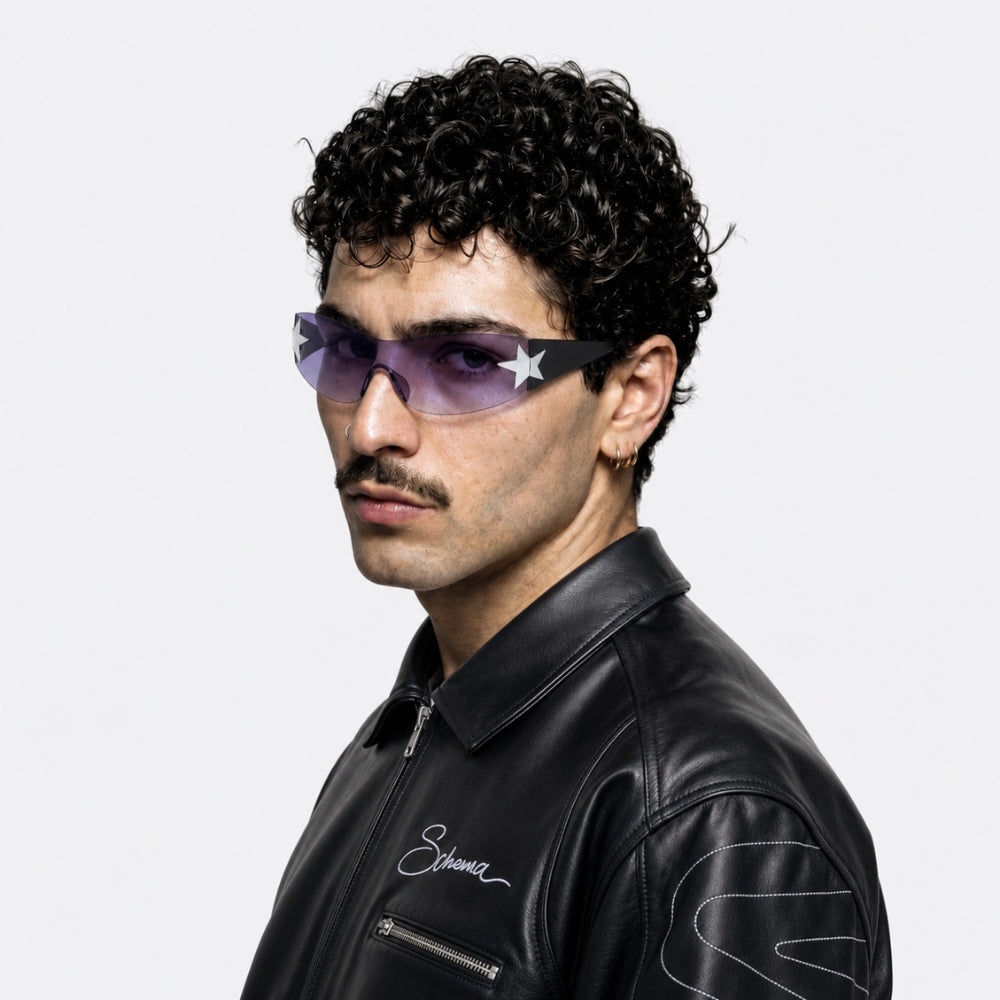 Man wearing a black leather jacket with a VYSER Sunglasses with a star design on a white background