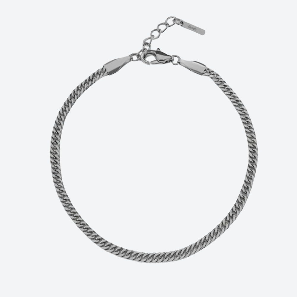 A silver-toned twisted rope chain bracelet with a lobster clasp and extension chain, displayed on a light gray background.