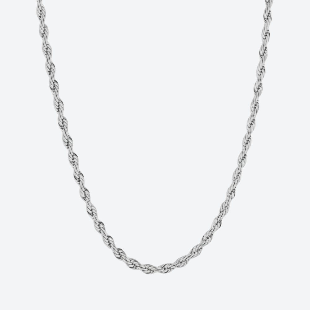 A silver twisted rope chain necklace displayed against a light gray background.