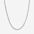 A silver twisted rope chain necklace displayed against a light gray background.
