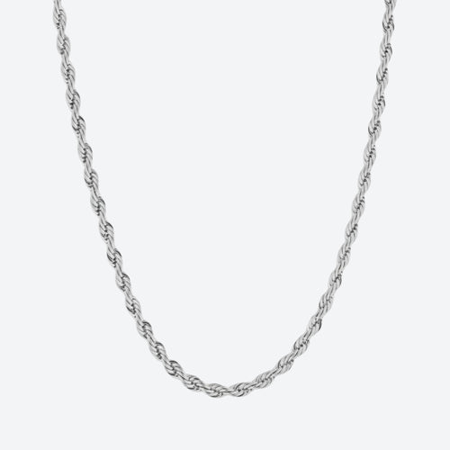 A silver twisted rope chain necklace displayed against a light gray background.