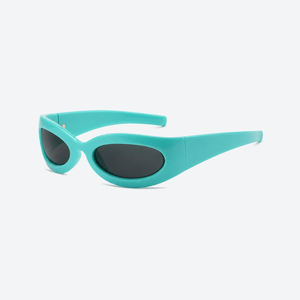 VYSER Turquoise sunglasses with black lenses on a white background