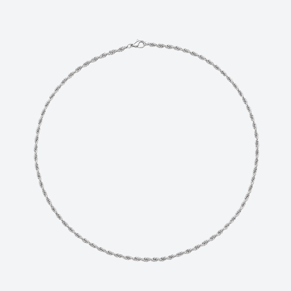 A silver-toned twisted rope chain necklace with a lobster clasp, displayed in a neat circular shape against a light gray background.