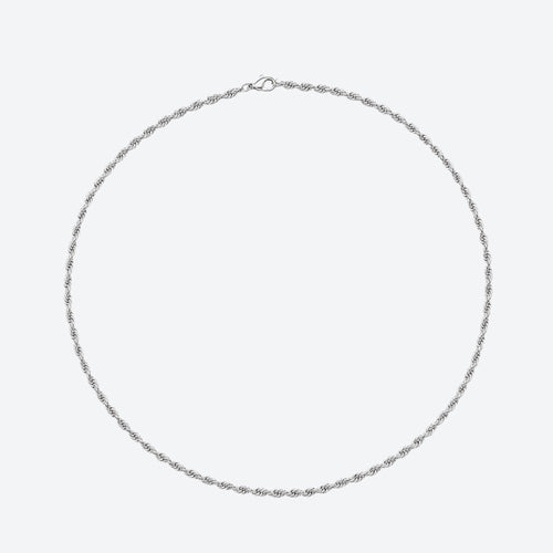 A silver-toned twisted rope chain necklace with a lobster clasp, displayed in a neat circular shape against a light gray background.
