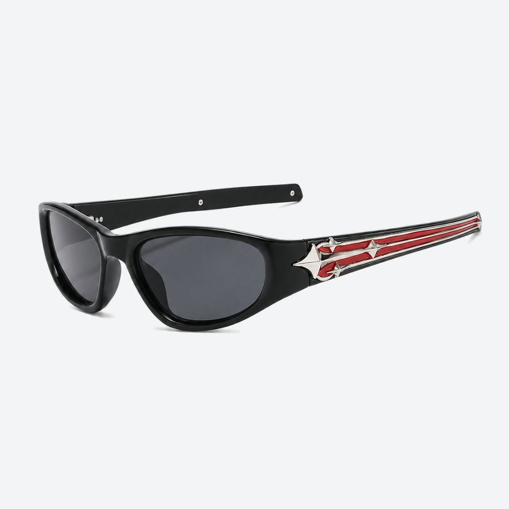 VYSER Black sunglasses with red and white design on a white background