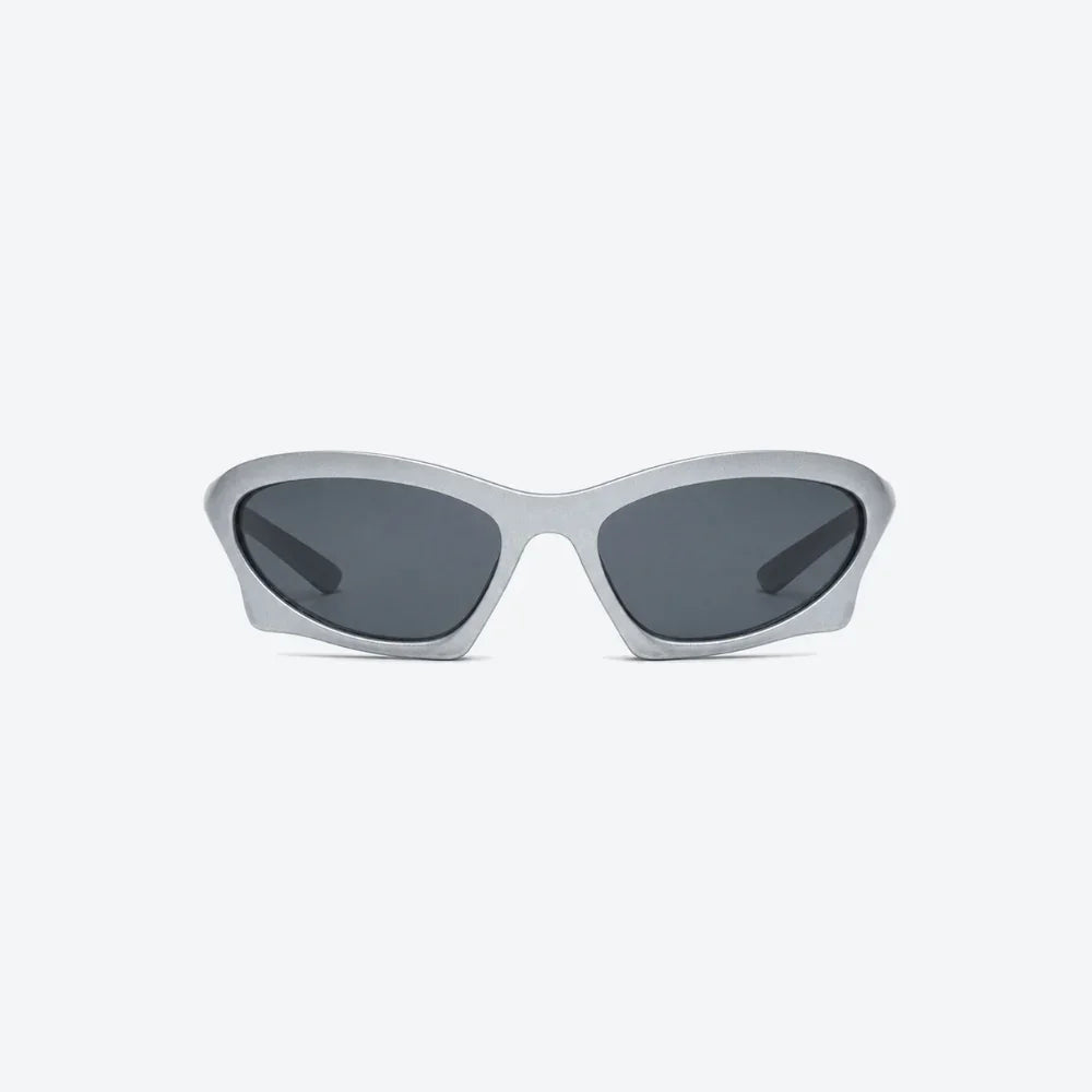 VYSER silver cat-eye sunglasses with dark gray lenses, minimalist streetwear style