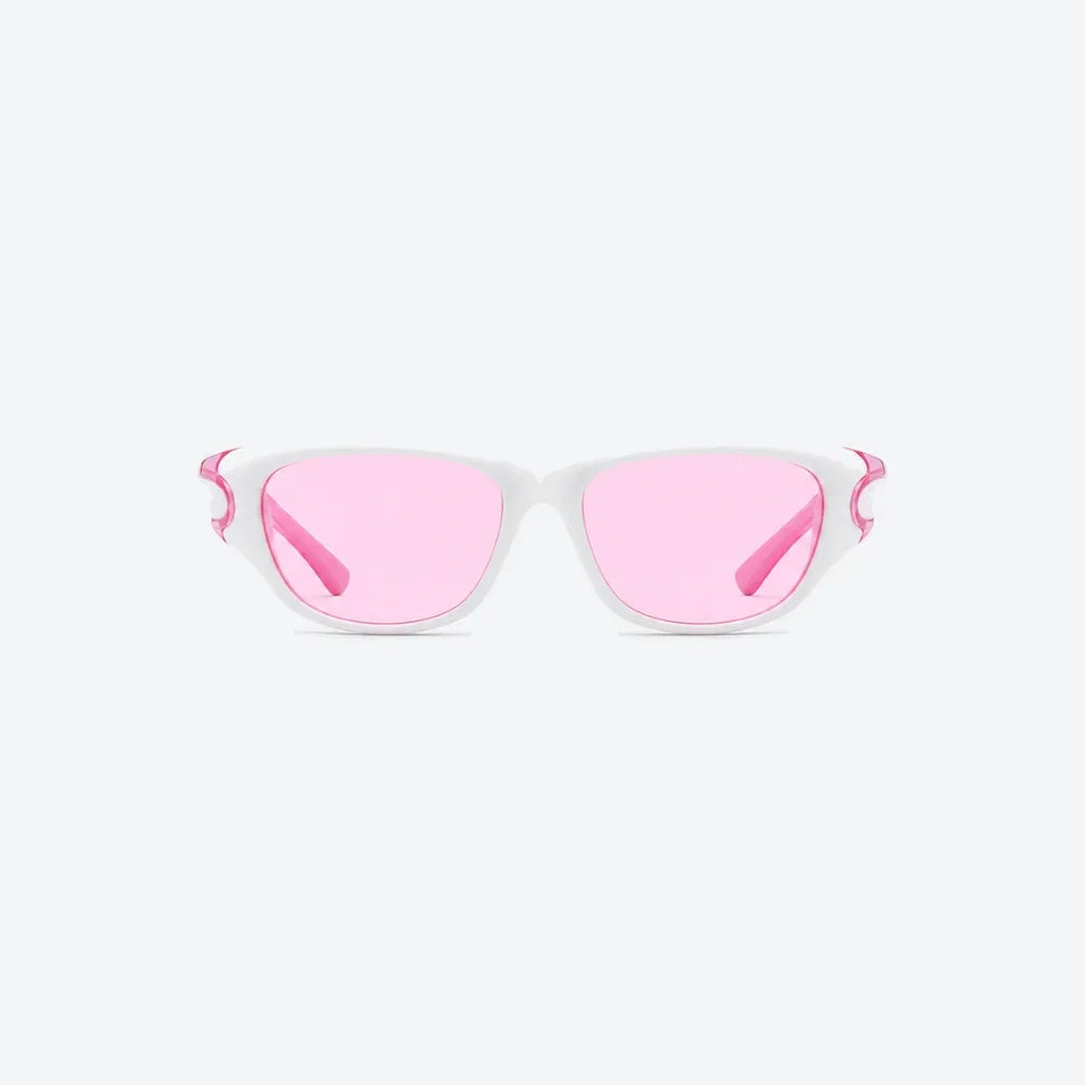 VYSER white cat-eye sunglasses with pink lenses and sculpted temple details, modern streetwear style.
