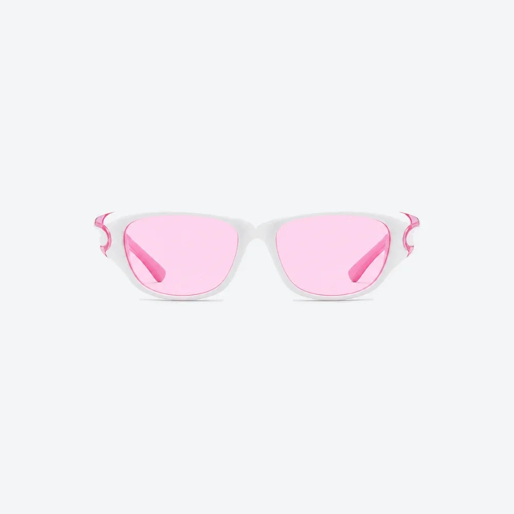VYSER white cat-eye sunglasses with pink lenses and sculpted temple details, modern streetwear style.