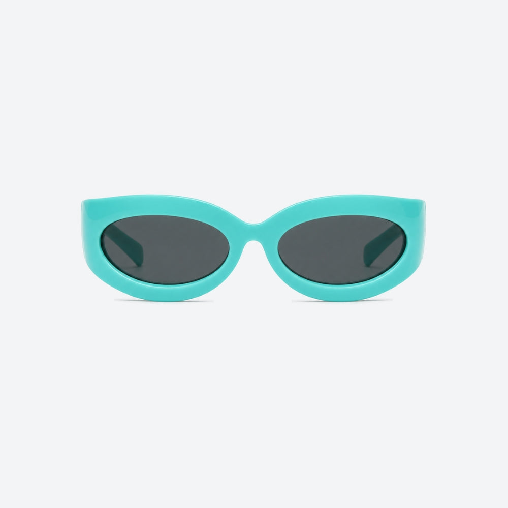 VYSER Turquoise sunglasses with black lenses on a white background